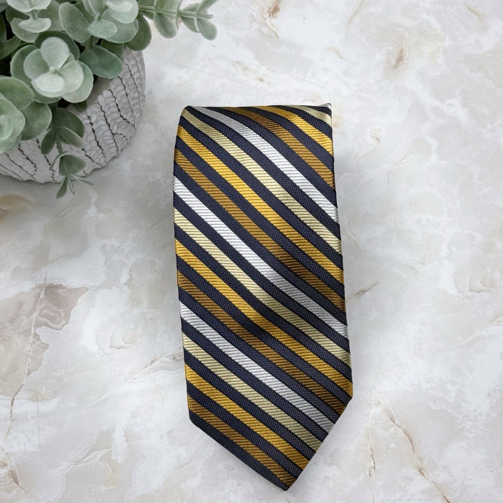 NWOT Alan Bilzerian Stripe Silk Tie Navy Gold Silver 3 1/4" - 59" Workwear
